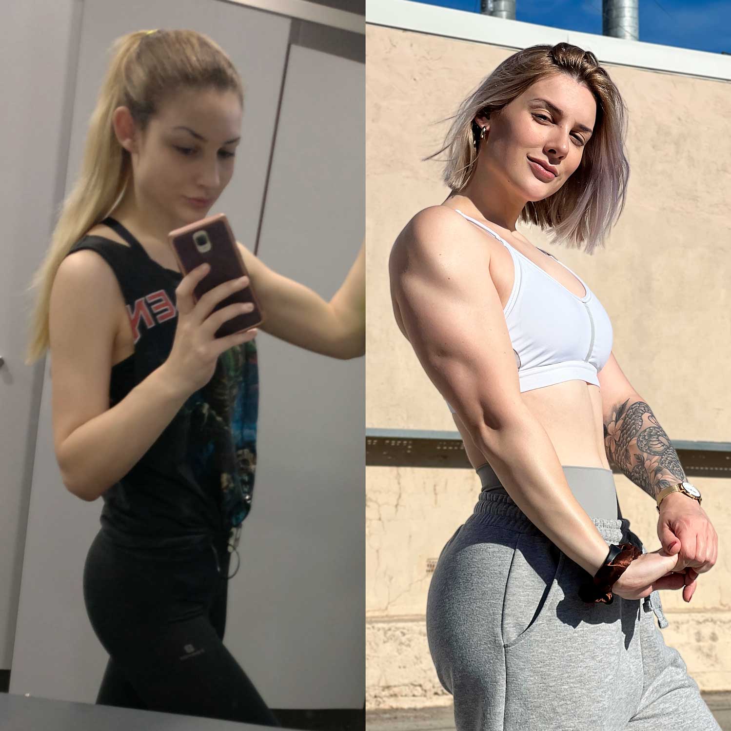 Antes y después de la transformación foto de la entrenadora.