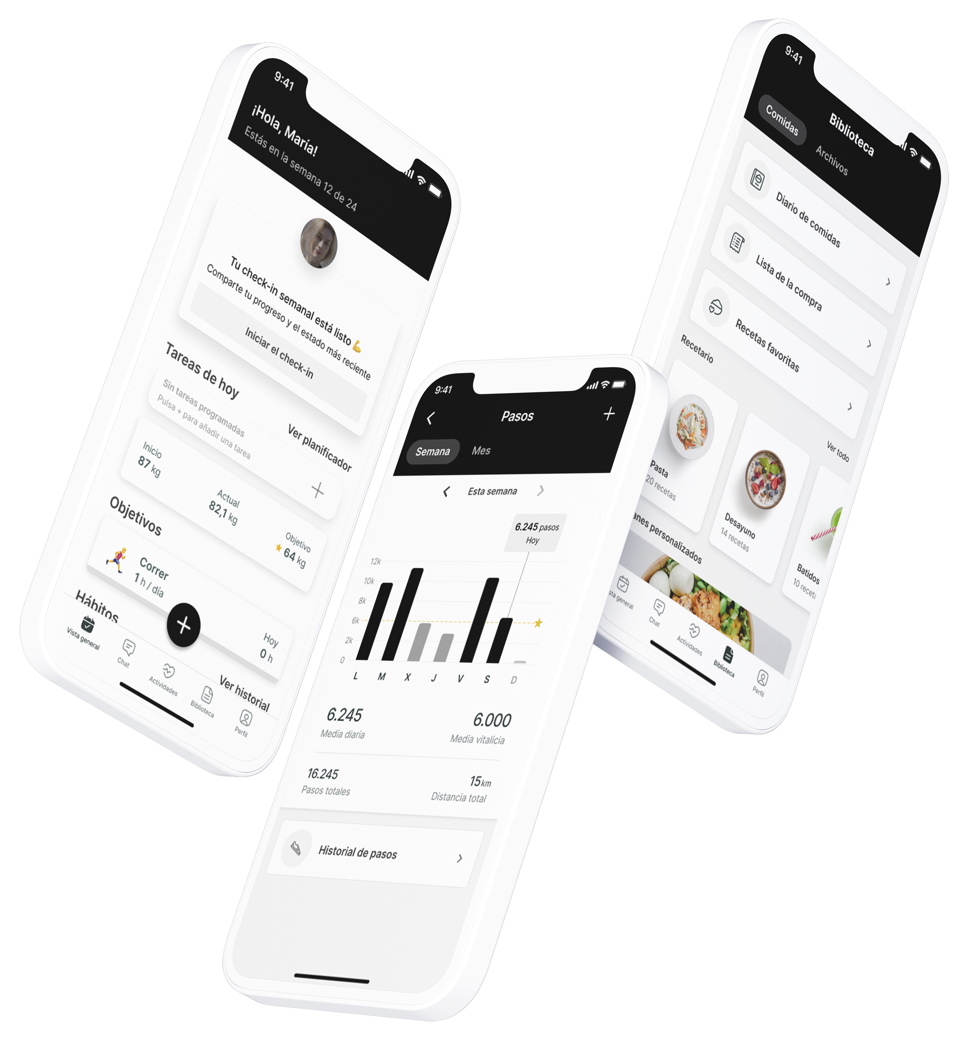 Un mockup de la app de coaching mostrando las funciones.